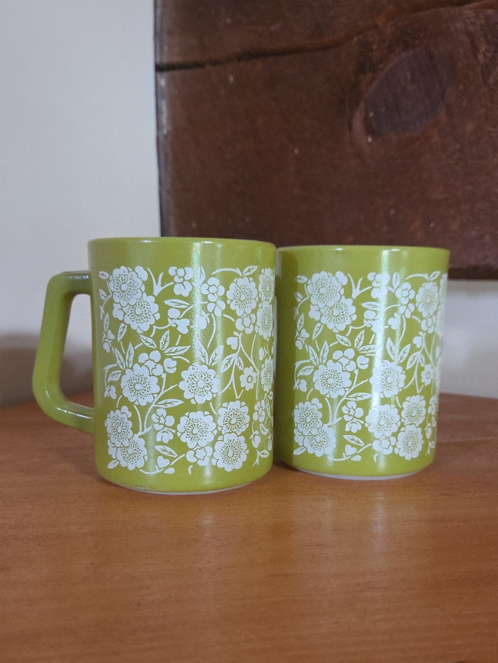 Federal Glass Wear Vintage Green Floral Ceramic Mugs - Set of 2